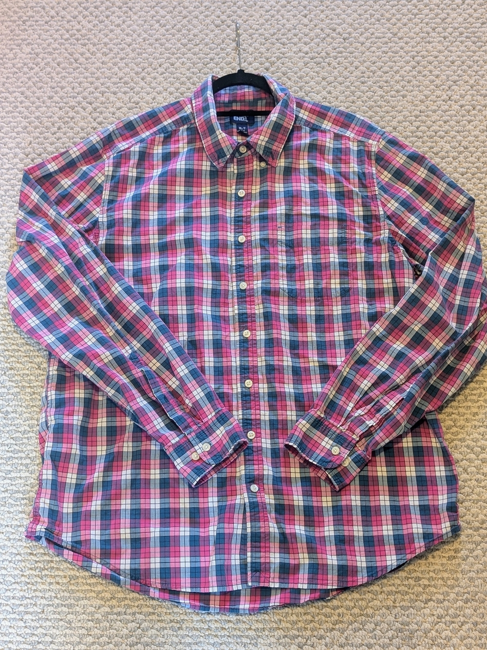 Lands' End Men's Pink and Blue Plaid Button-Down Shirt